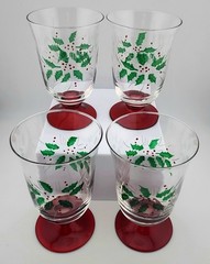 Set 4 Vintage GORHAM Red Footed Festive Holly Goblets All Purpose Water Glasses