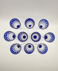 Vintage Akja Cobalt Blue Cut To Clear Tall Stem Wine Glasses Set of 10 6-3/4″