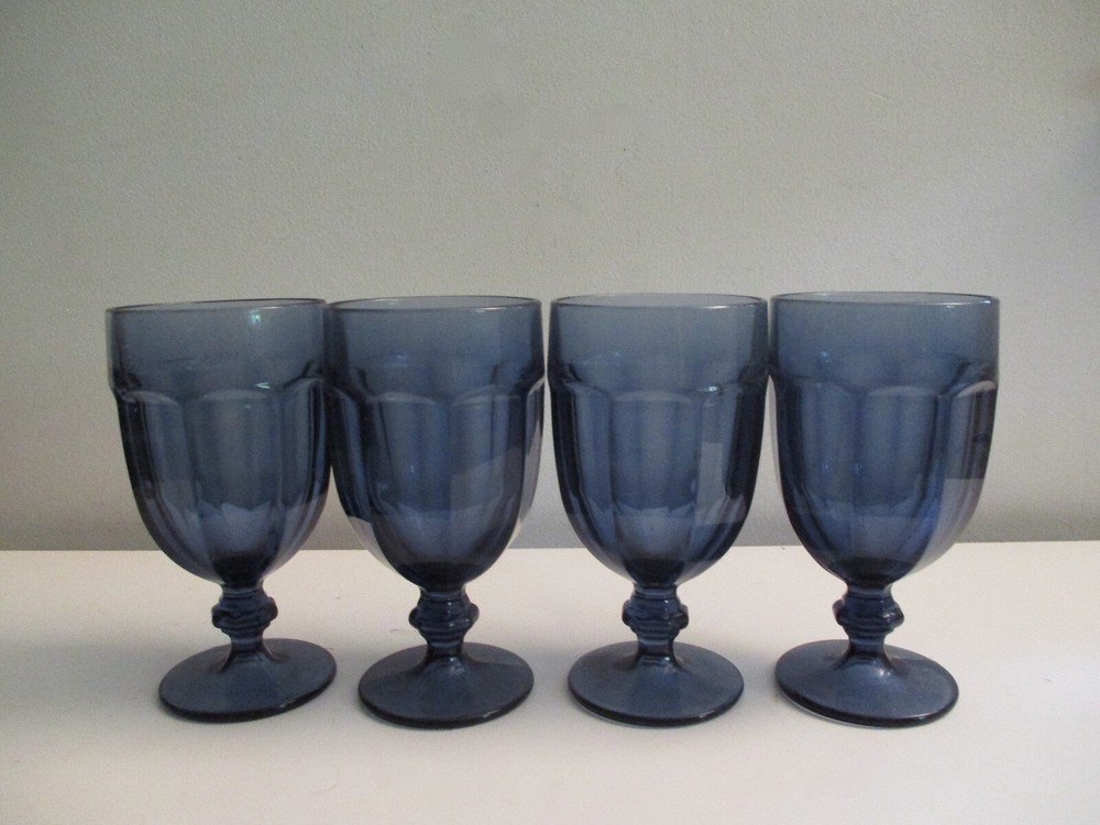 4 Libbey Duratuff Gibraltar 7″ Goblets Dusky Blue 16oz Iced Tea Footed Tumblers