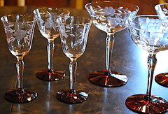 Vtg Set 8 OPTIC WESTON 5 Champagne & 3 Wine RUBY RED FOOT/ CUT FLOWER GLASSES