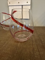 Set Of 4 Pier 1 Red Swirl Line Swirline Stemless Wine Glasses 4.75″ Tall 16oz