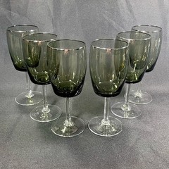 6 Gorham Reizart Crystal Smokey Green Water Wine Goblets Hand Blown Germany 7″