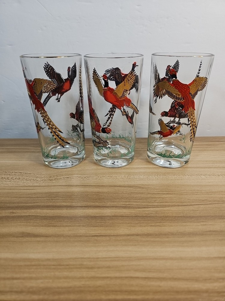 Vintage MCM Red Gold Ringneck Pheasant Tall Barware Glasses Set of 3