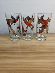 Vintage MCM Red Gold Ringneck Pheasant Tall Barware Glasses Set of 3