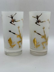 Pair of 2 African Tribal Tiki Dancers Highball Tumbler Gold MCM Barware Retro