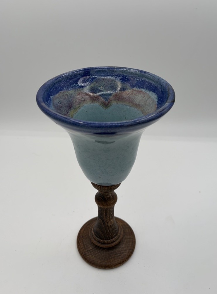 Vintage Blue Drip Glaze Wooden Stem Abstract Retro Art Pottery Goblet 8”