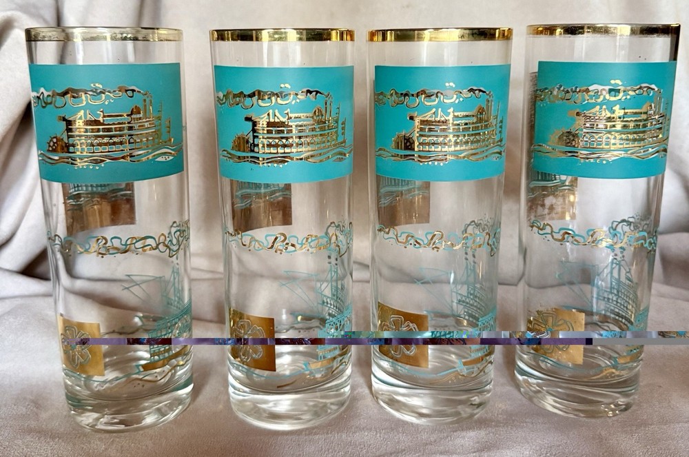 4 Libbey Steamboat Tall Collins Cocktail Glasses MCM Turquoise 22K Gold Barware