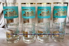 4 Libbey Steamboat Tall Collins Cocktail Glasses MCM Turquoise 22K Gold Barware