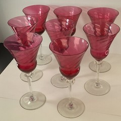 8 Handblown rose pink cranberry Glasses optic swirl 8” water wine goblets