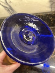 Glass Tulip Iridescent & Cobalt Blue Signed Rick Strini Wine Glasses