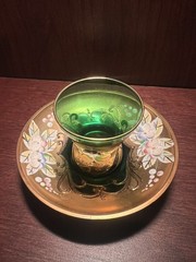Hand Painted Murano Amber Glass Gold Leaf Floral Shot Glass and plate.