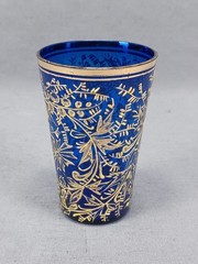 Bohemian Moser Type Raised Gold Floral Berries Cobalt Juice Glass C.1890-1910