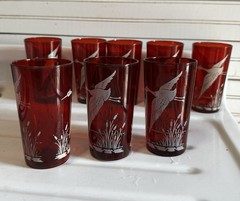 Vintage Royal Ruby Red Glass Tumblers With Birds & Catty Nine Tails Set Of 8