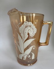 Vintage Marigold Carnival Glass With Painted White Feathers & Leaves w/ice Lip