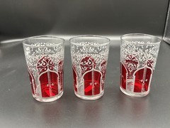 VTG Moroccan Style Tea Glasses Ruby Red Juice Cup 4” Filigree Scroll ARC Set of3