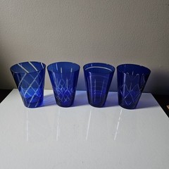 4 Cobalt Blue Cut To Clear Glasses Tumblers All Different Cut Patterns 4.75″