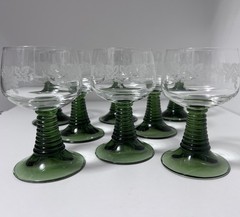 Set of 8 Roemer Style Wine Glasses w Etched Grapes & Leaves & Beehive Green Stem