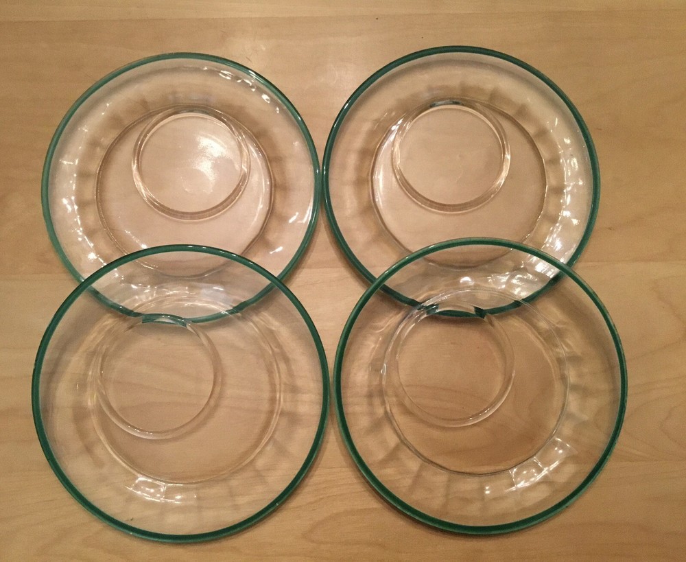 Set of 4 WESTON TIFFIN OPTIC Glass, Green Rimmed, 1930’s Art Deco, Snack Plates