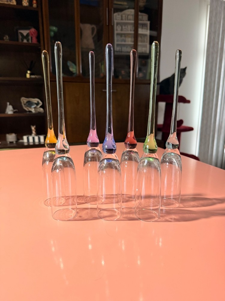 Set of 7 Vintage Bohemian Hand-blown Champagne Flutes
