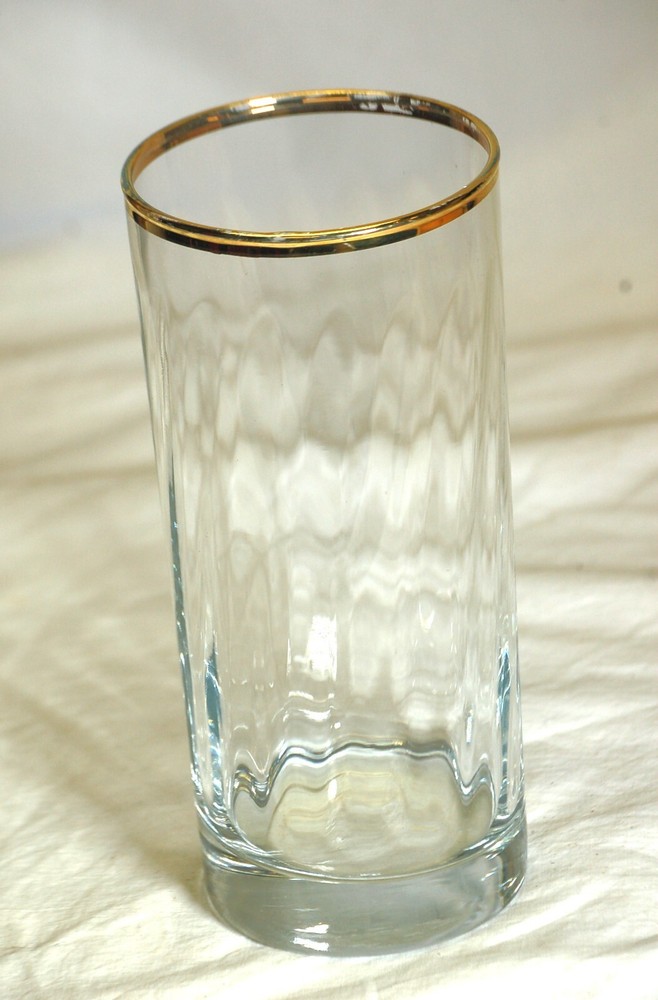 Clear Glass Tumbler Gold Rim Ribbed Inside Weighted Bottom