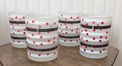 4 VTG Georges Briard Red Polka Dot Black & White Striped 12 Oz Frosted Glasses