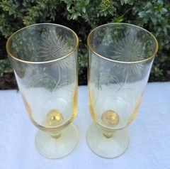 Lancaster Glass Jubilee Yellow Etched Floral Footed Goblets Tumblers 6″ Set Of 2