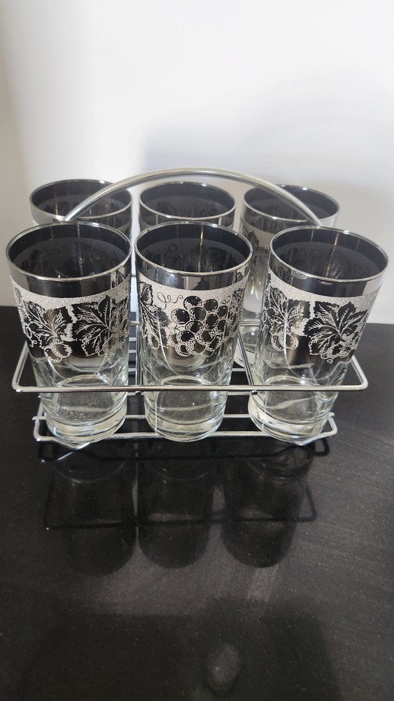 Vtg Silver Ombre Highball Glasses Set Of 6 Frosted Leaf & Grapes With Caddy