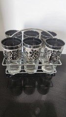 Vtg Silver Ombre Highball Glasses Set Of 6 Frosted Leaf & Grapes With Caddy