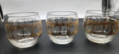 (3) 1960s Culver FLORENTINE Roly Poly Glasses • Gold Fruit Motif Band •22K GOLD!