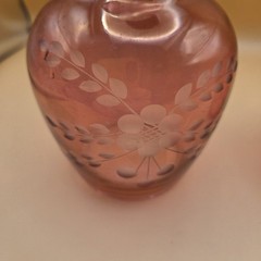 Vintage Cranberry Blown Etched Glass Bedside Tumble-Up Decanter