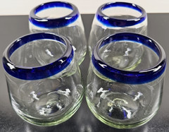 (4) Pier 1 Cobalt Rim Stemless Wine Glasses Set Clear Mexican Hand Blown Art Lot