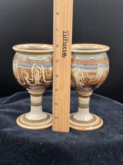 Pair Studio Art Pottery Goblets Hand Thrown Brown Blue Sgraffito Wine Chalices