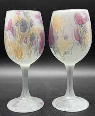 2 Vintage Reuven Nouveau Hand Blown Frosted Stemware Art Glass Wine Glasses