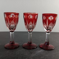 Set Of 3 Ruby Red Cut To Clear 3 1/2″ Aperitif Cordial Glasses