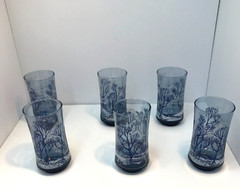 Libbey Blue and White Glasses Winter Scene Design D Cheviot Signed Set of 6 VTG
