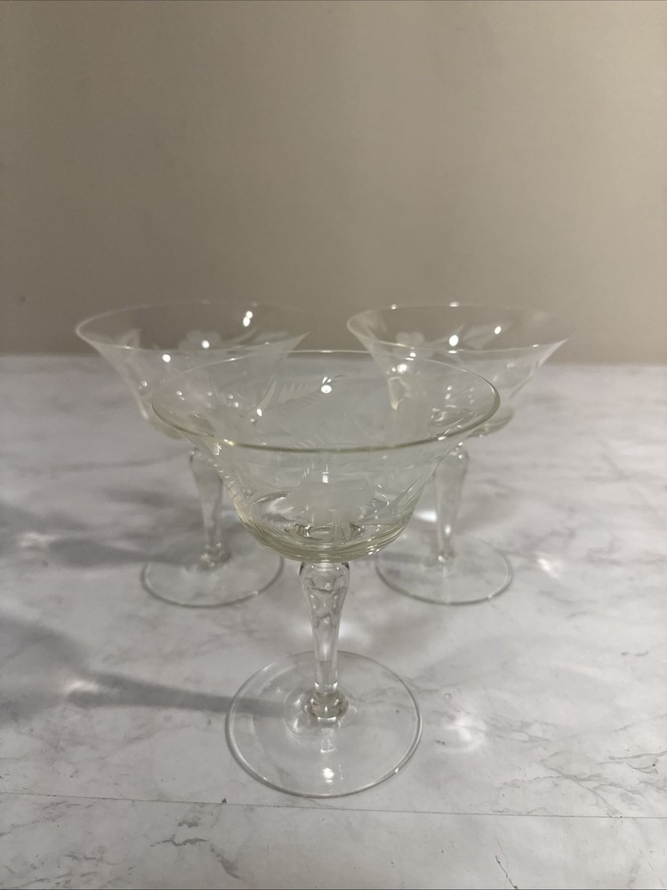 Vintage Glass Set of 3 Etched Goblets Cornflower & Palm Leaf Design