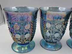 Vintage Windsor button & cane iridescent blue carnival glass Tumbler Juice Glass