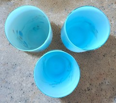 Dalian MCM Cased Hand Blown Art Glass Blue Multicolor 3 Tumbler Set