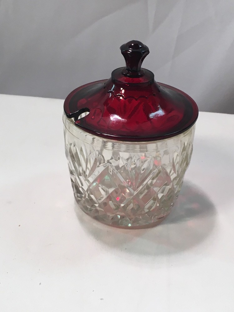 Anchor Hocking Covered Marmalade or Jelly Jar – Pineapple Fan – Royal Ruby Lid
