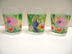 4 1/4″ tall PINK FLAMINGO, Parrot+ Macau Plastic Drinking Cups/Glasses Set of 3
