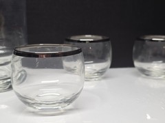 Princess House Complete Cocktail Mixer 8pc Set Sliver Trim Roly Poly Glasses