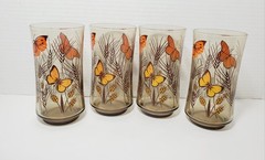 Set Of 4 Vtg Libby Drinking Juice Glass Monarch Butterfly Wheat Orange MCM EUC