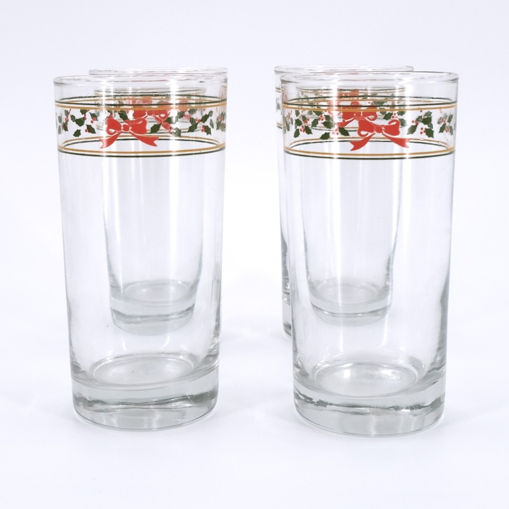 Vintage Anchor Hocking AHC83 Bow and Holly Gold and Green Bands Tumbler Set of 4