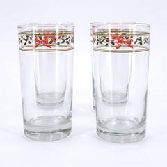 Vintage Anchor Hocking AHC83 Bow and Holly Gold and Green Bands Tumbler Set of 4