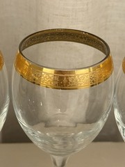 Vintage MCM Crystal Wine Glasses 24k Gold Filigree 6.5” Set of 4 – Hand Blown