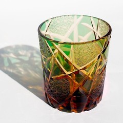 Whisky Glass Tumbler Japanese Style Edo Kiriko Glass Hand Cut To Clear 9oz Green