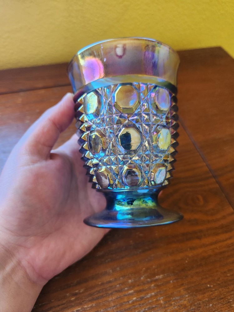 Vintage Windsor Button & Cane Iridescent Blue Carnival Glass Tumbler Geometric