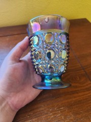 Vintage Windsor Button & Cane Iridescent Blue Carnival Glass Tumbler Geometric