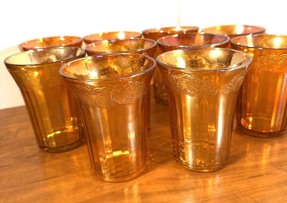 Hazel Atlas Set of 10 Juice Glasses Pattern Fruitful (Marigold Carnival)