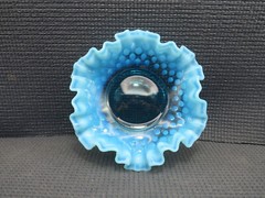 Fenton Art Glass Crystal Hobnail French Opalescence Blue Double Crimp Bon Bon 6″